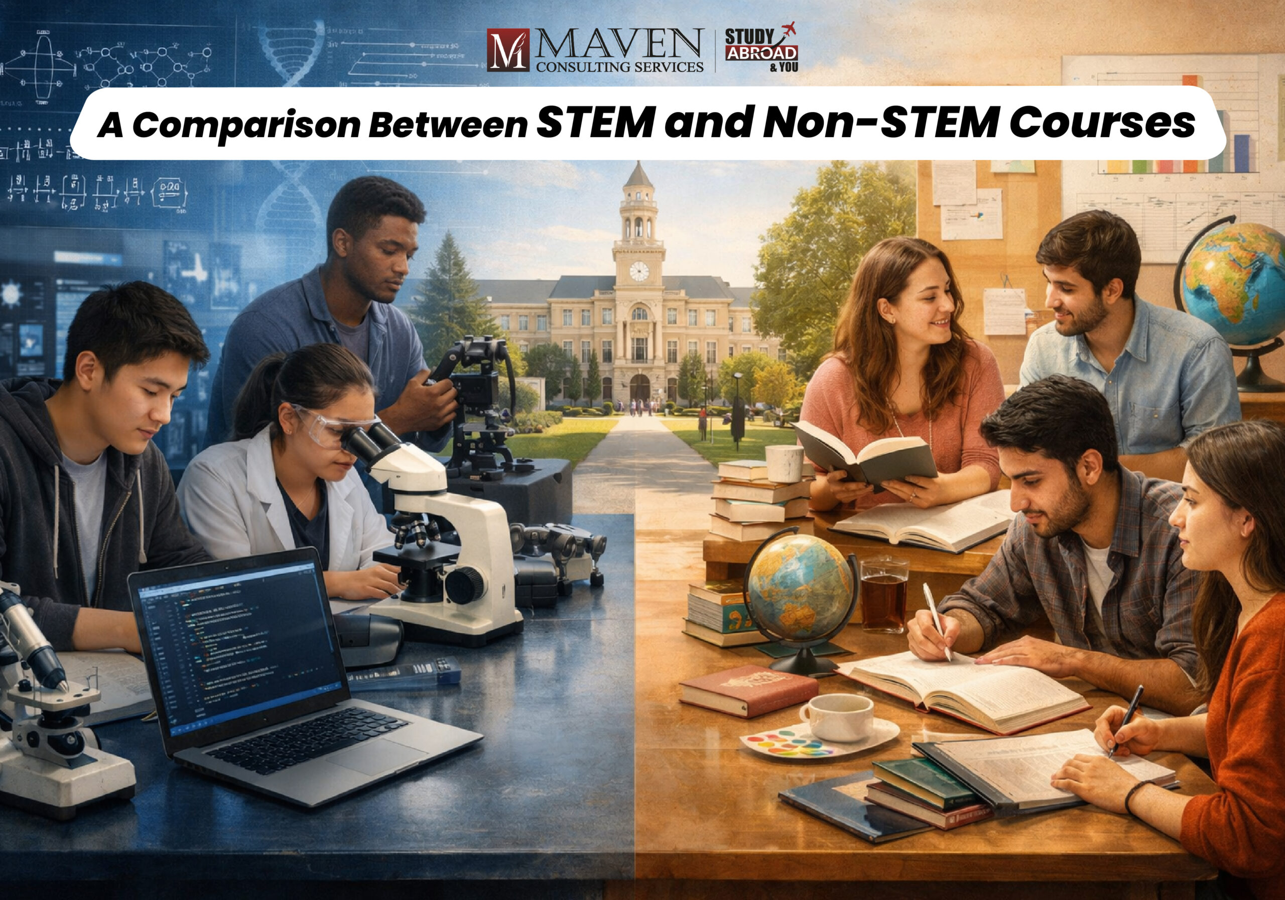 STEM vs Non-STEM courses comparison for Indian students studying abroad, showing differences in career outcomes, visas, and ROI
