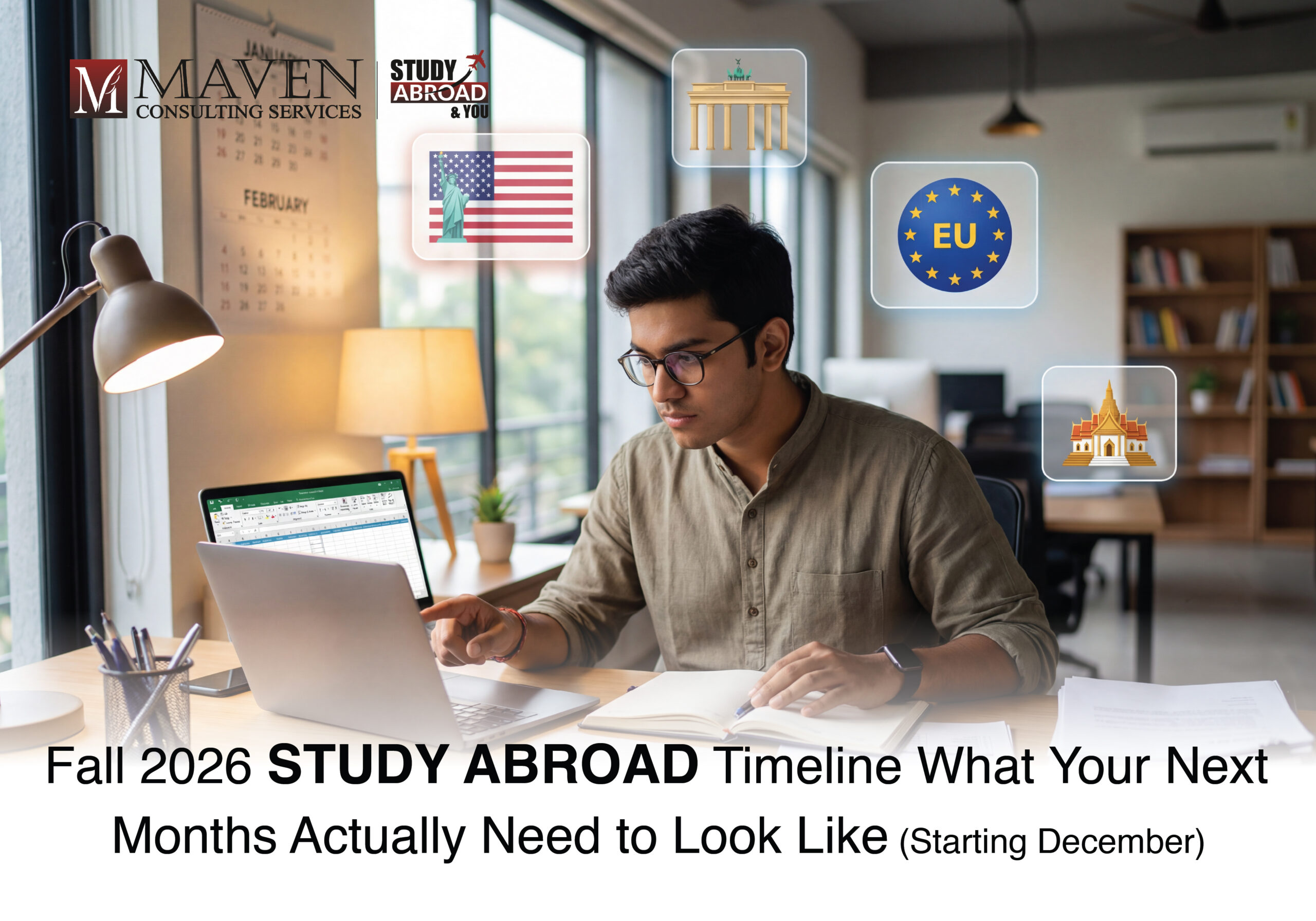 Fall 2026 Study Abroad Timeline showing key application steps across countries and degree types