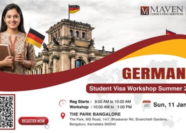 Poster for Germany Student Visa Workshop Summer 2026 with event date Sunday 11 January 2026, venue The Park MG Road, workshop timing 10 AM to 1 PM, and QR code for registration.