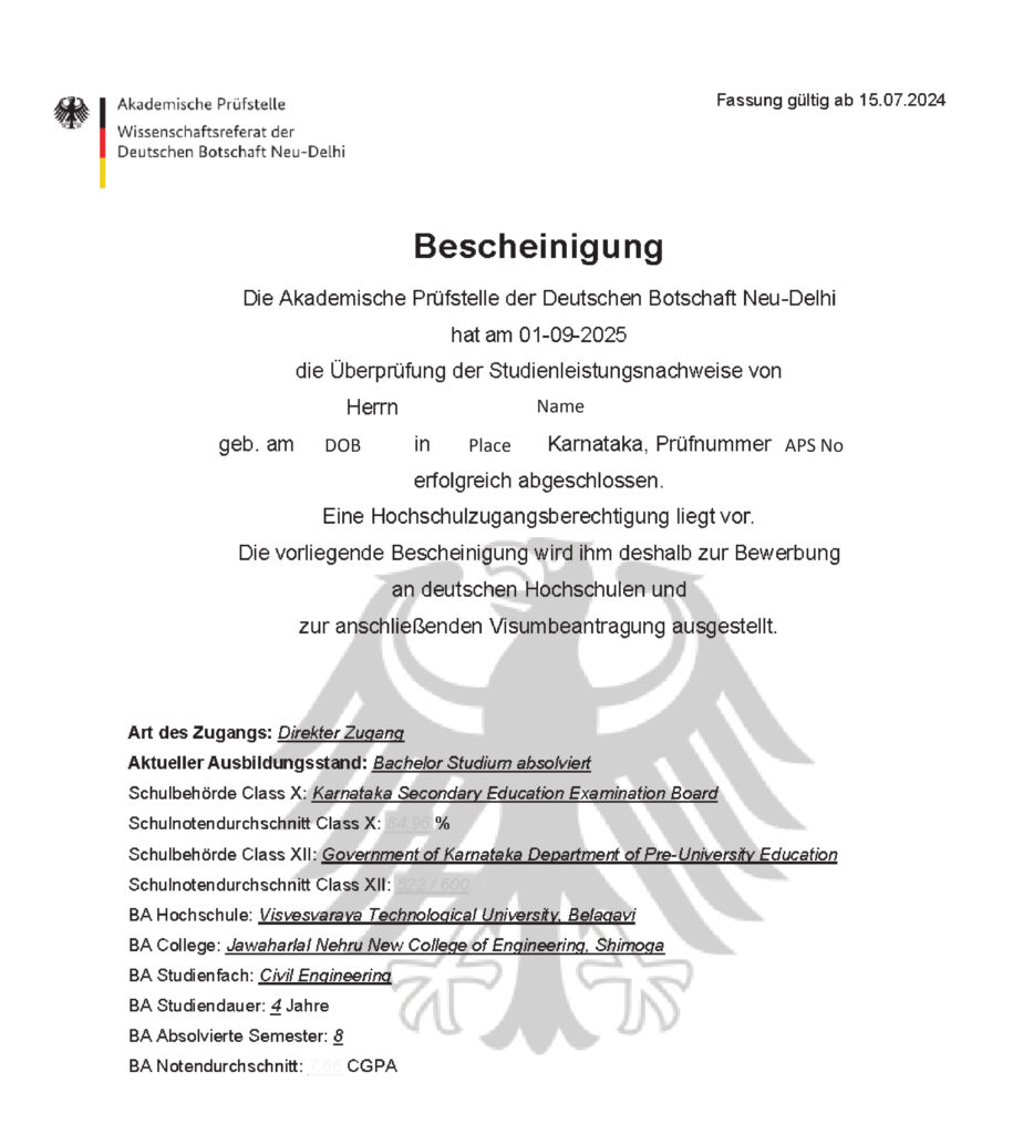 Sample German APS certificate showing verified academic details, with personal information blurred