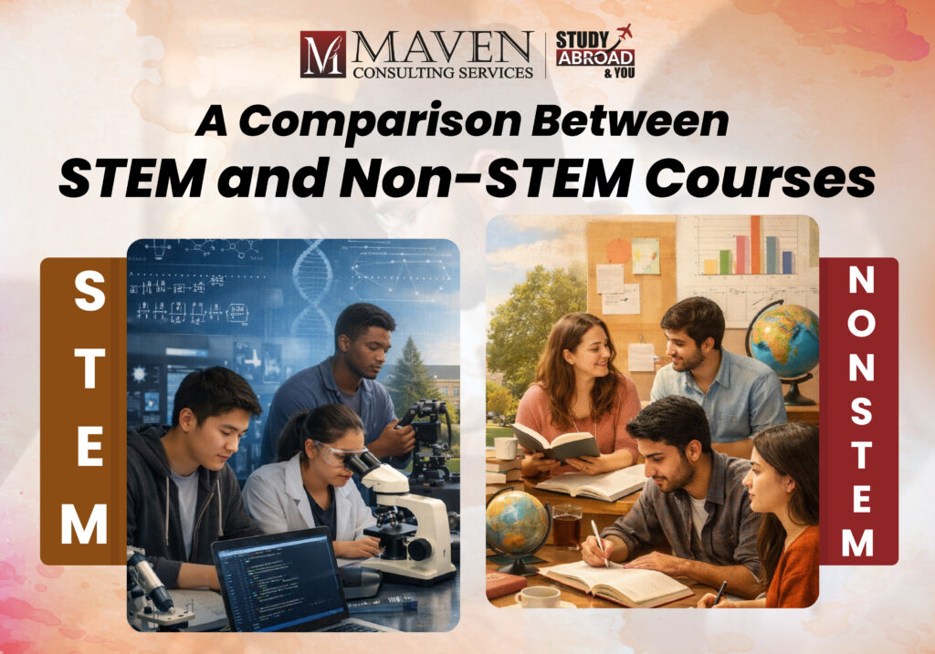 STEM vs Non-STEM courses comparison for Indian students studying abroad, showing differences in career outcomes, visas, and ROI
