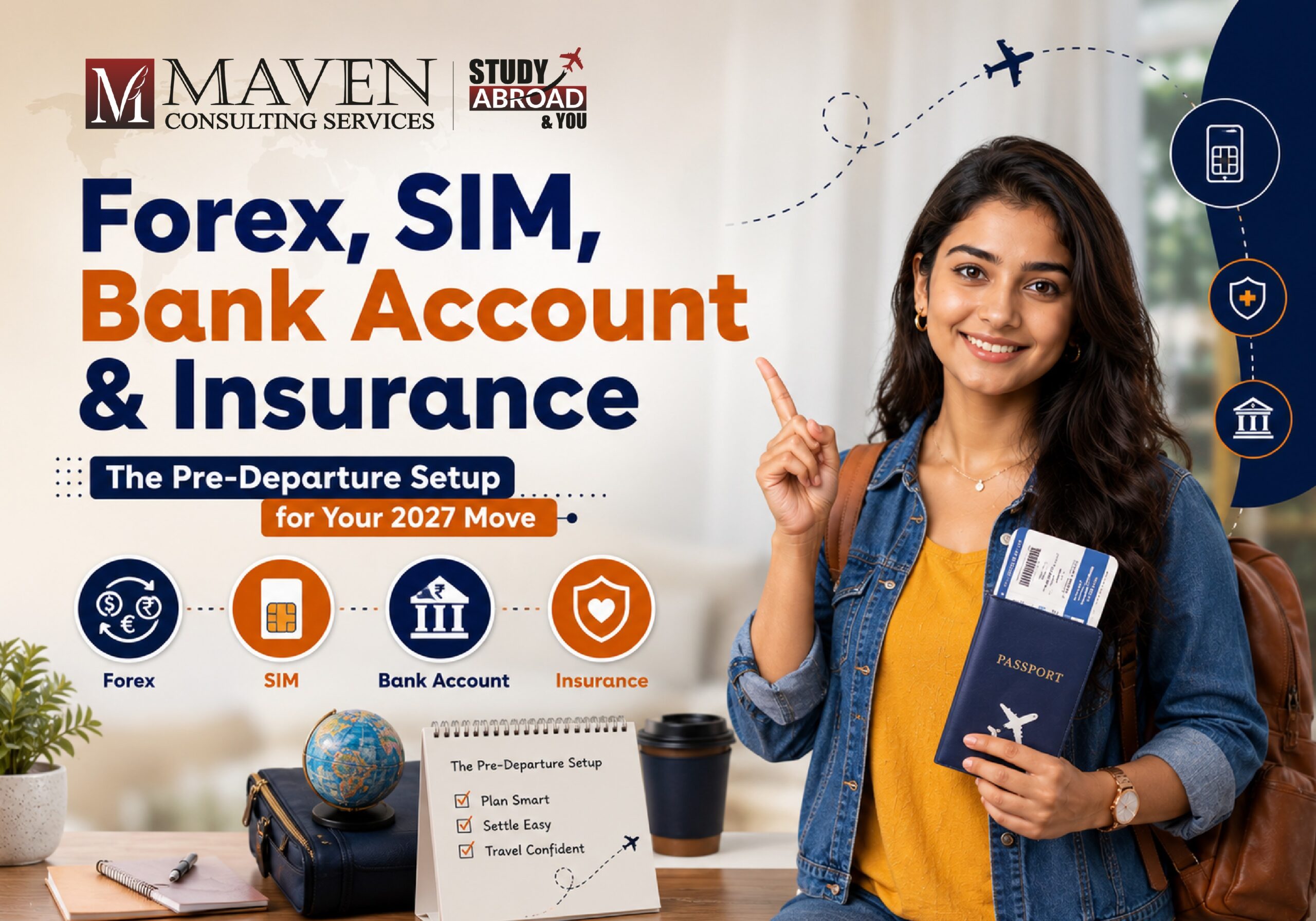 Indian student holding passport preparing forex, SIM, bank account and insurance pre-departure checklist for 2027 study abroad move