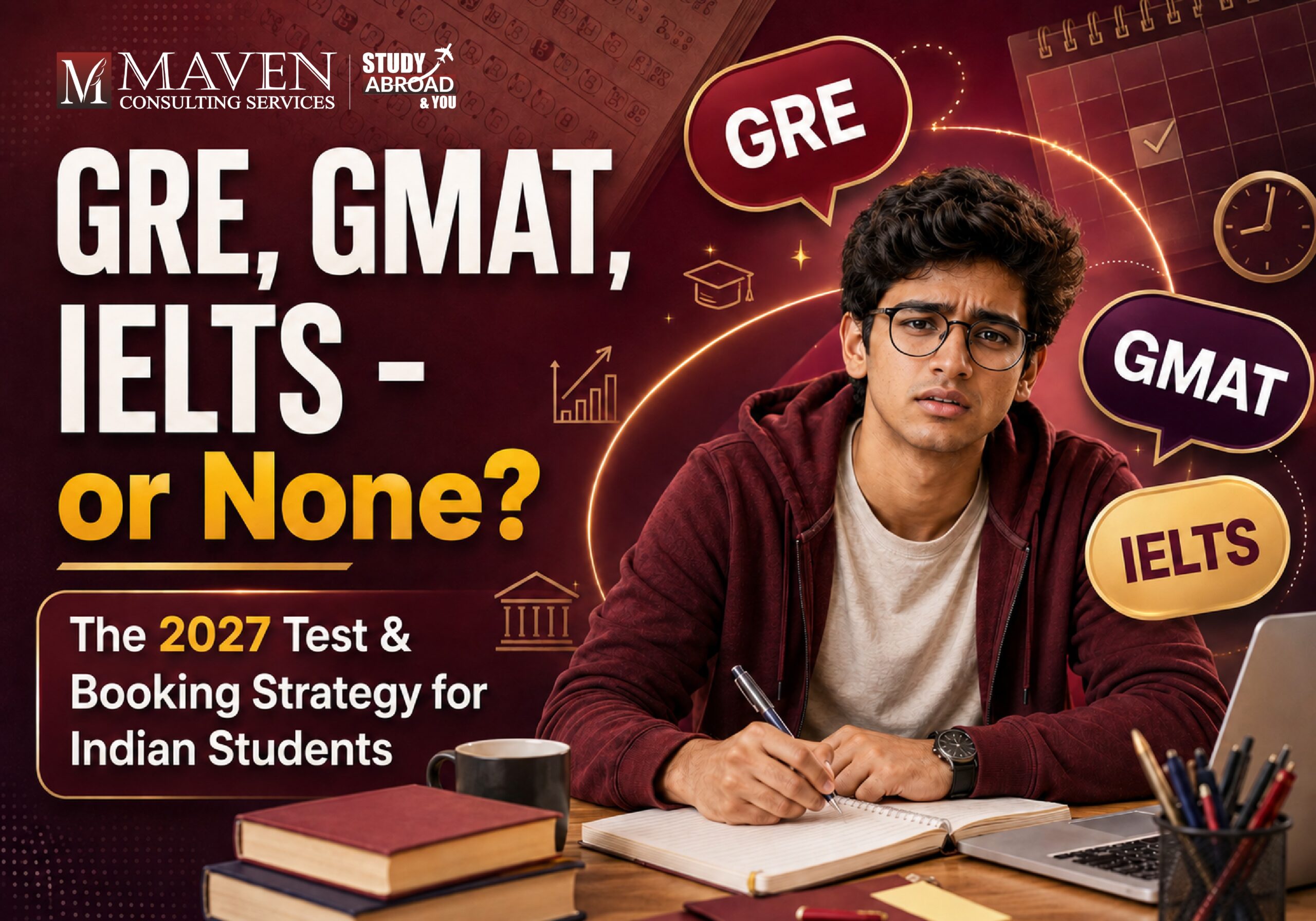 GRE, GMAT, IELTS or none - 2027 test and booking strategy for Indian students