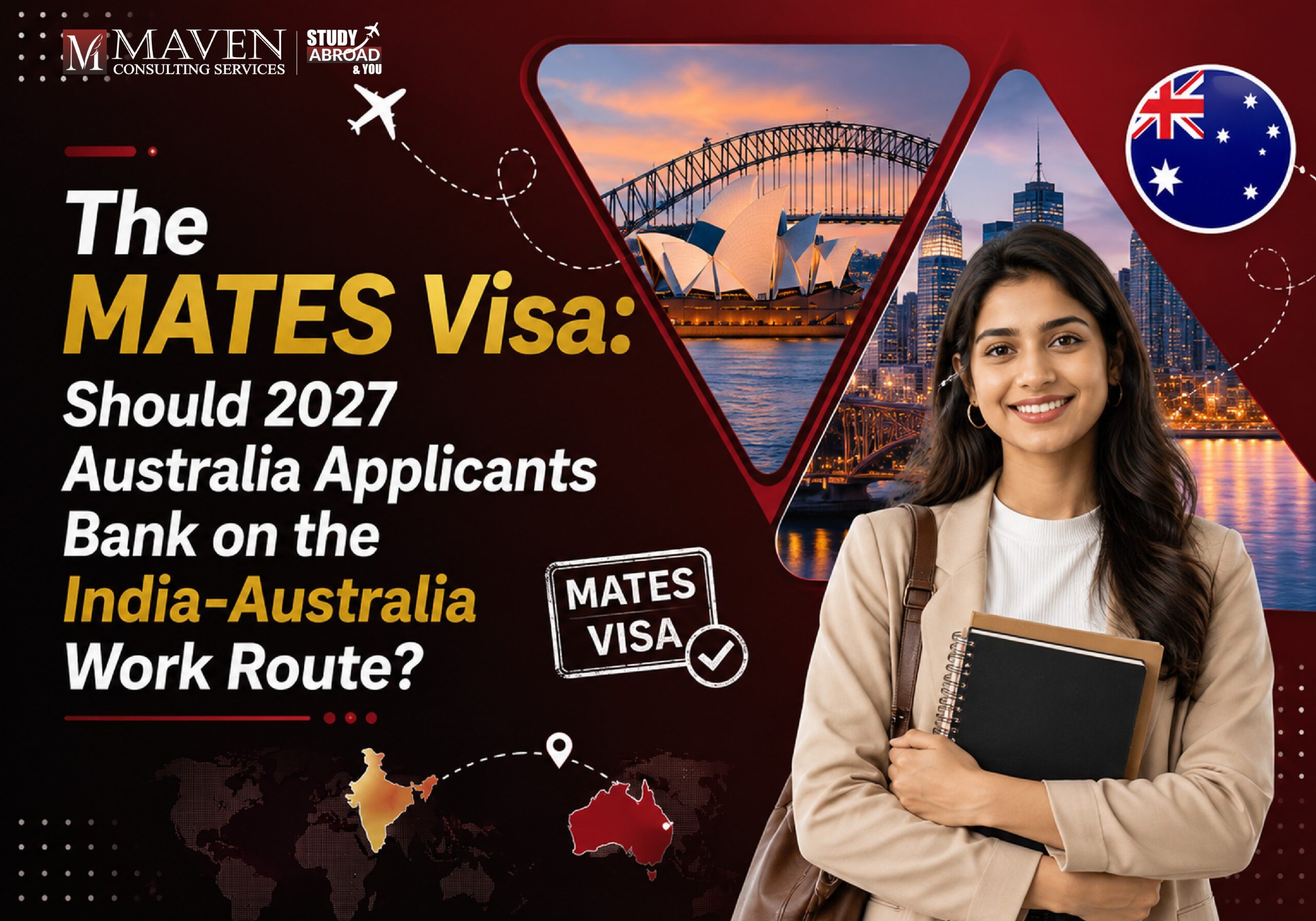 MATES visa Australia 2027 - Indian graduate holding passport and boarding pass in front of Sydney Harbour Bridge and Opera House