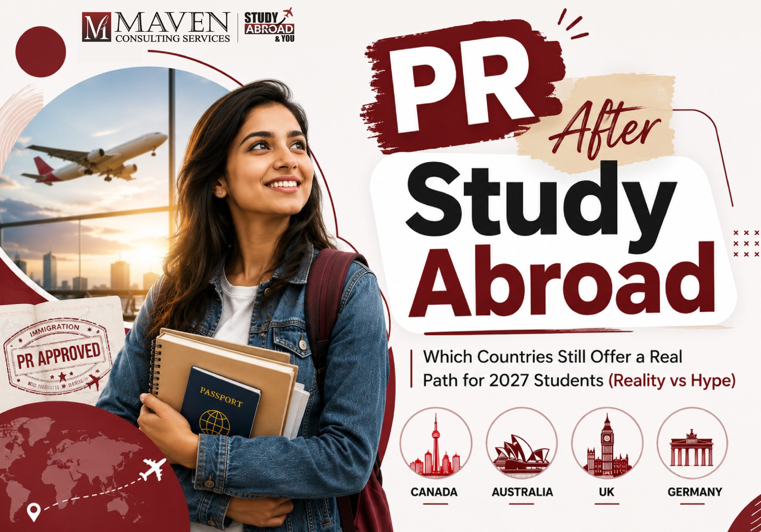 PR after study abroad 2027 — Indian student holding passport and books at the airport, symbolizing PR pathways after studying abroad