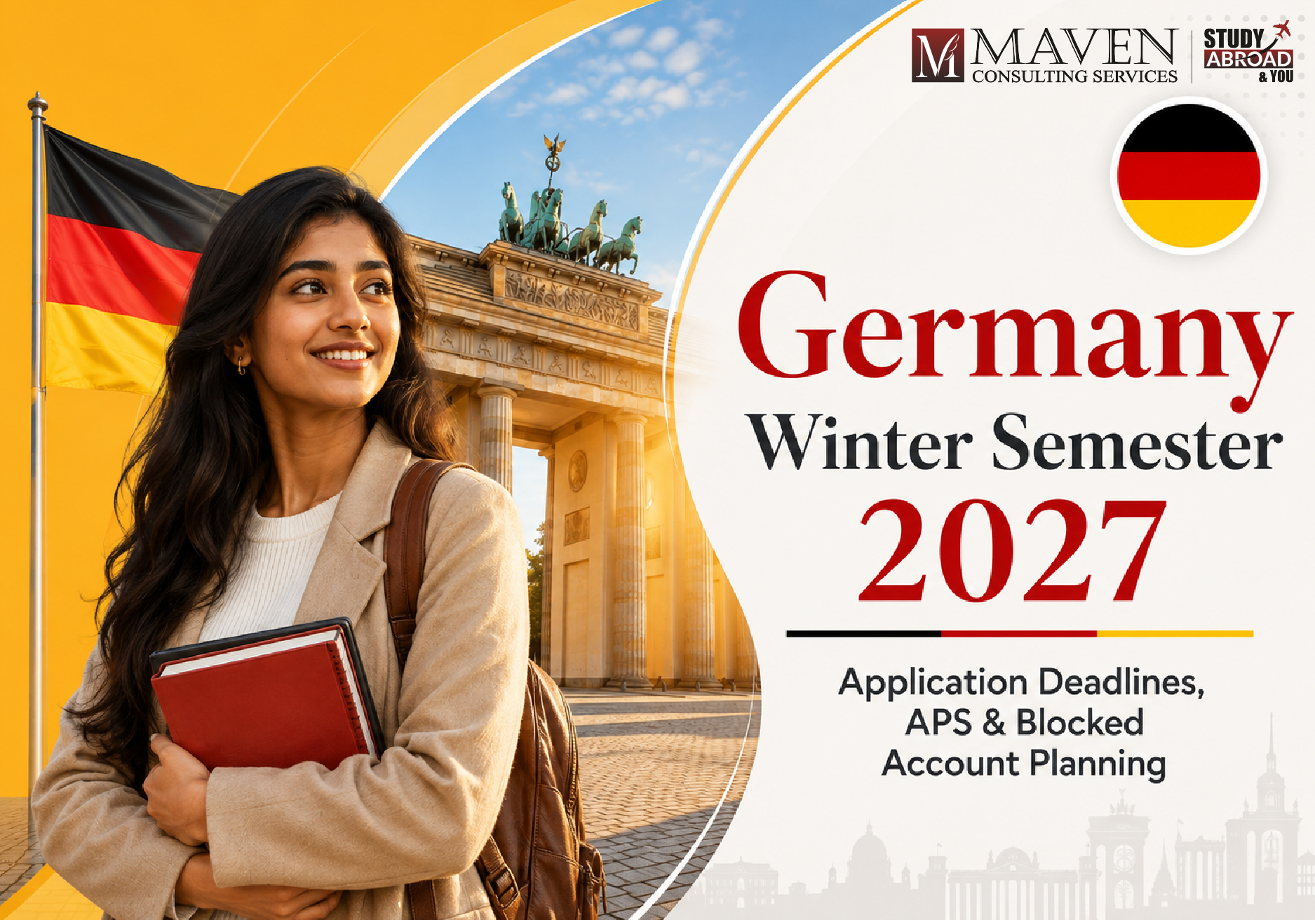 Indian student holding books in front of the Brandenburg Gate, representing Germany Winter Semester 2027 application deadlines, APS and blocked account planning