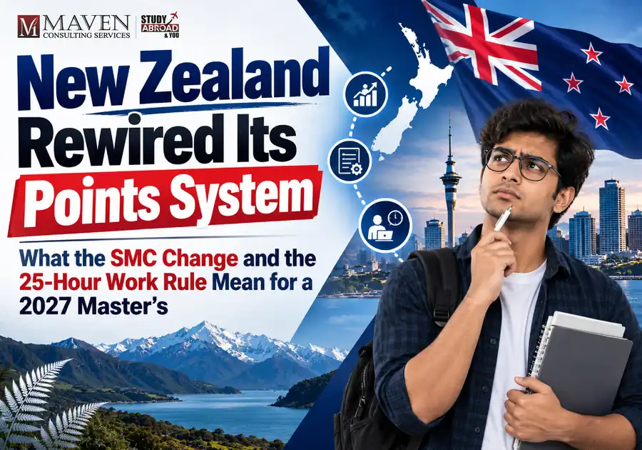 New Zealand student visa 2027 guide showing SMC points changes and the 25-hour work rule for Indian students - a blog by Maven Consulting Services