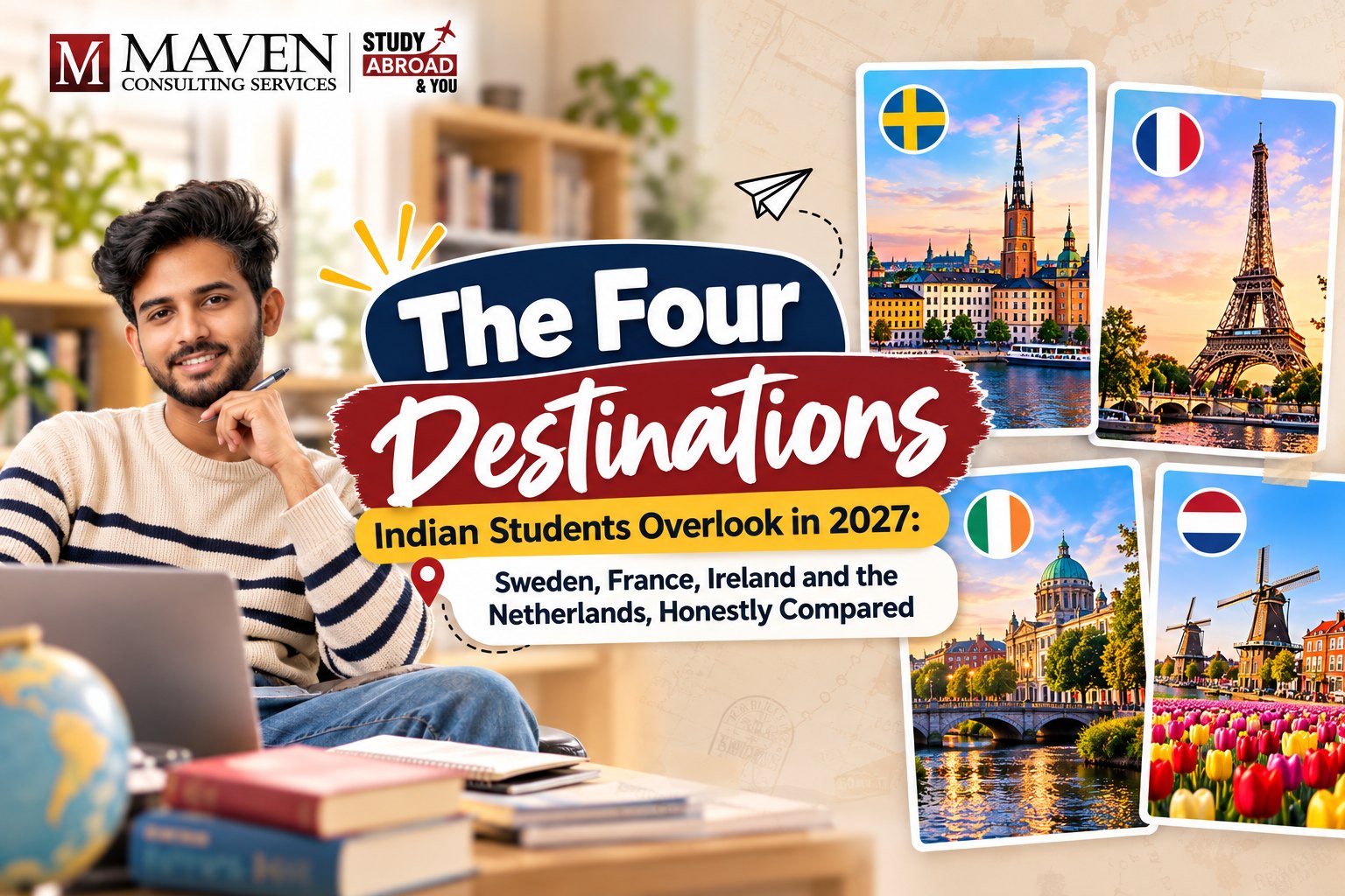 Underrated study abroad destinations for Indian students in 2027: Sweden, France, Ireland and the Netherlands compared on cost, work rights and post-study stay — a blog by Maven Consulting Services