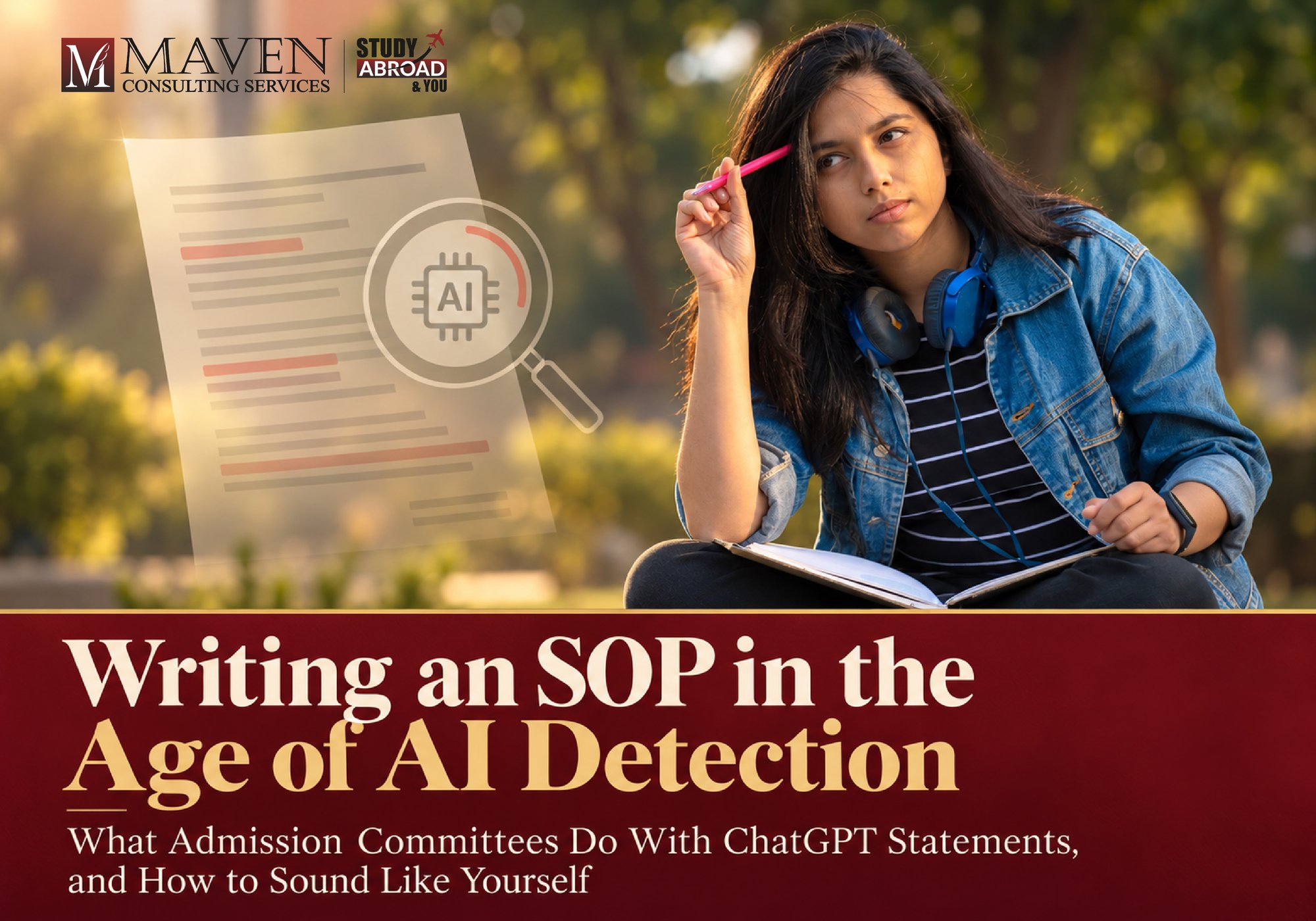 AI written SOP rejection: Indian student reviewing her statement of purpose for AI detection — Writing an SOP in the Age of AI Detection, a blog by Maven Consulting Services