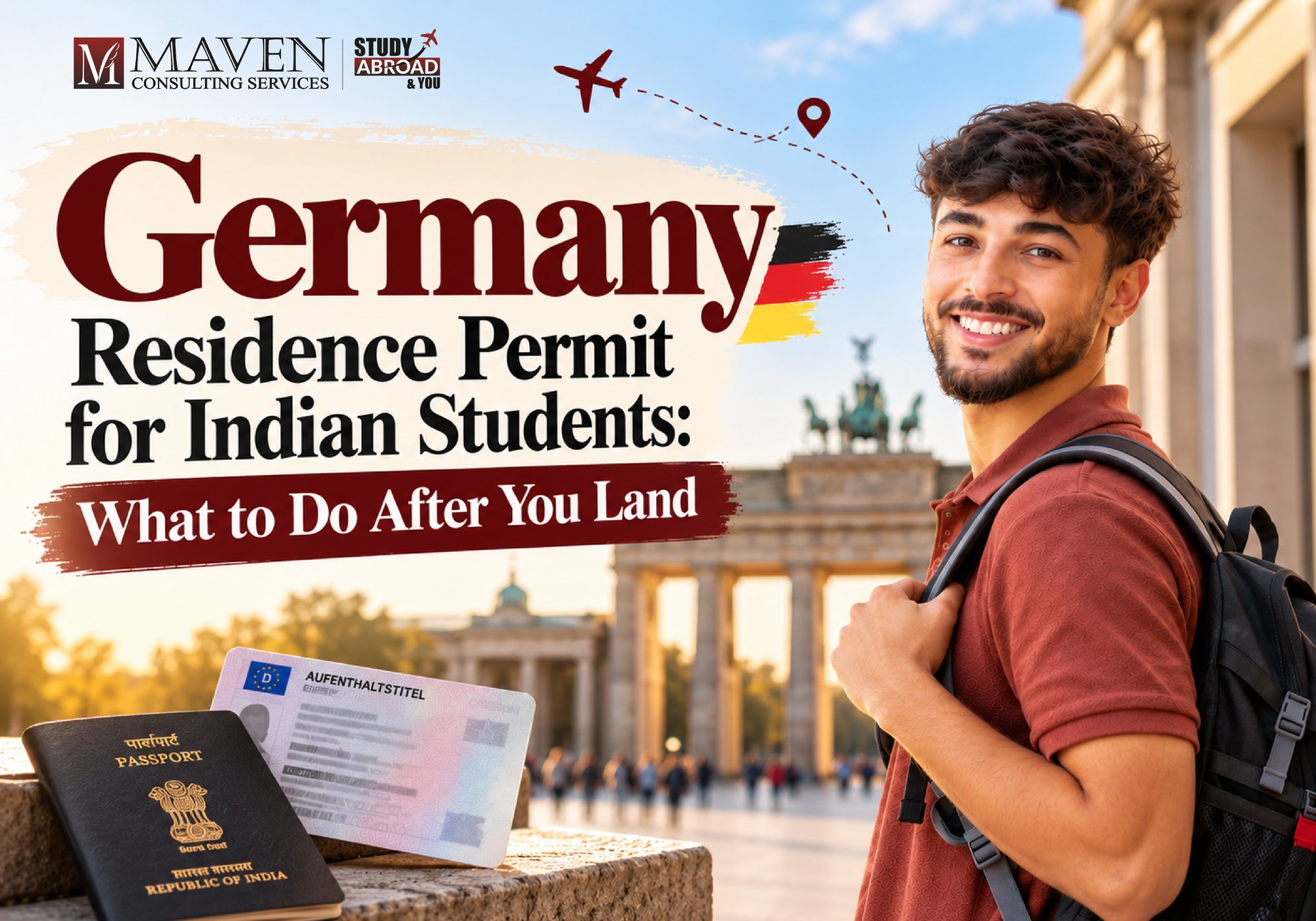 Germany residence permit for Indian students: Indian passport and German Aufenthaltstitel card in front of the Brandenburg Gate