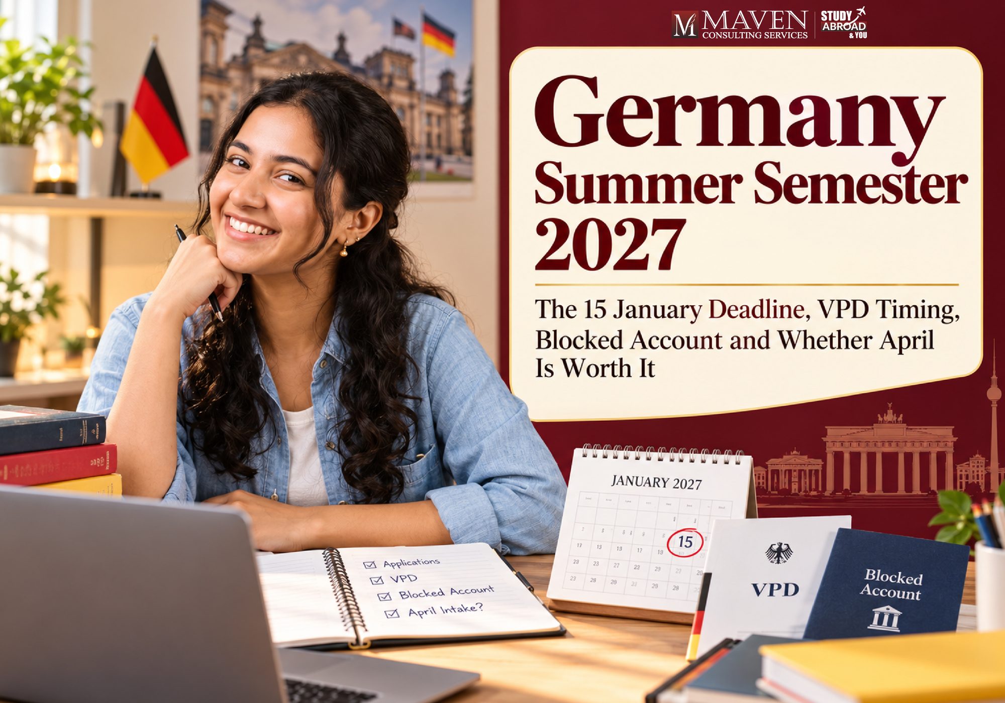 Germany summer semester 2027 guide for Indian students: 15 January deadline, VPD timing and blocked account
