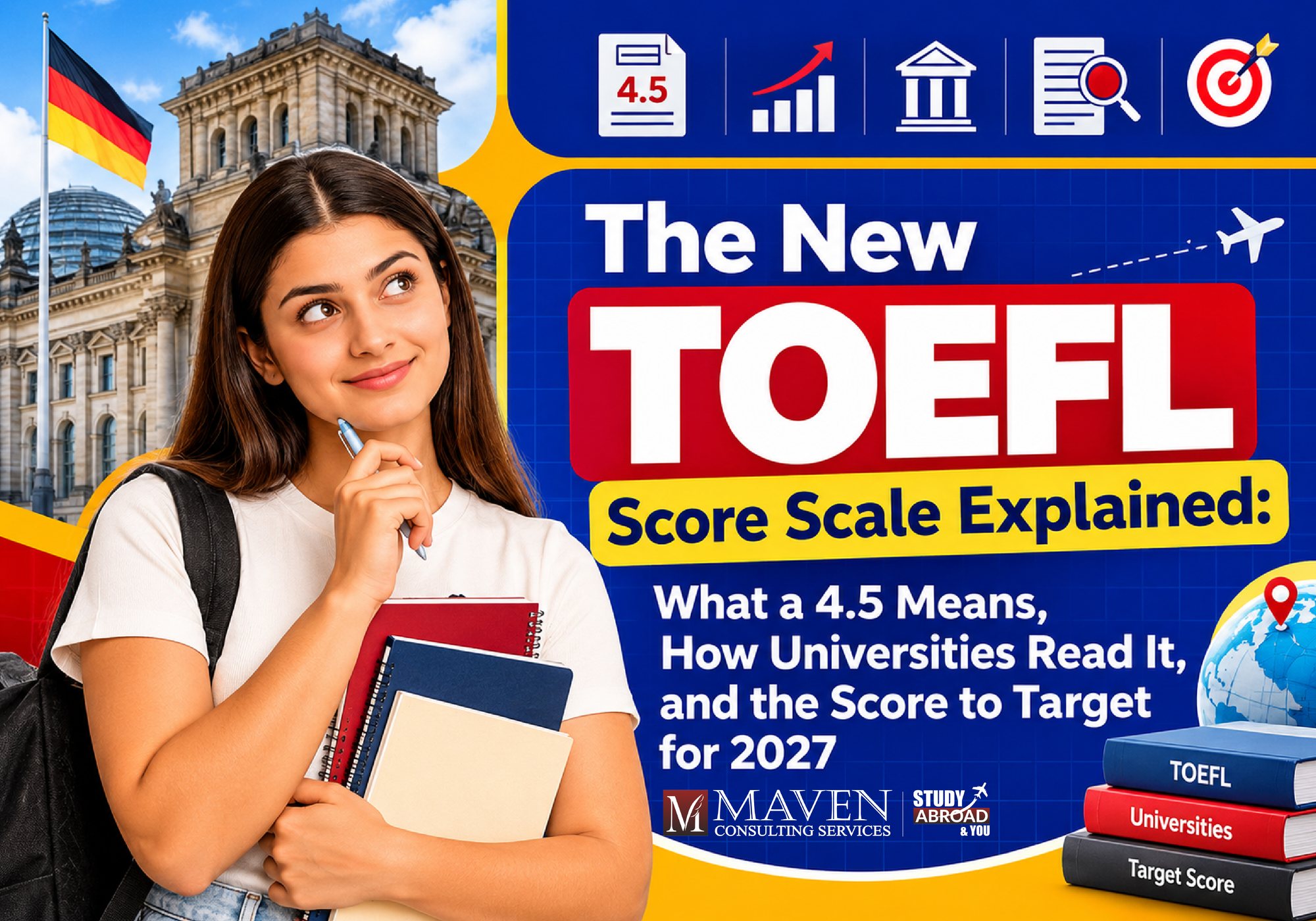 TOEFL new score scale 1 to 6 explained: what a 4.5 means, how universities read it and the score to target for 2027 - a blog by Maven Consulting Services