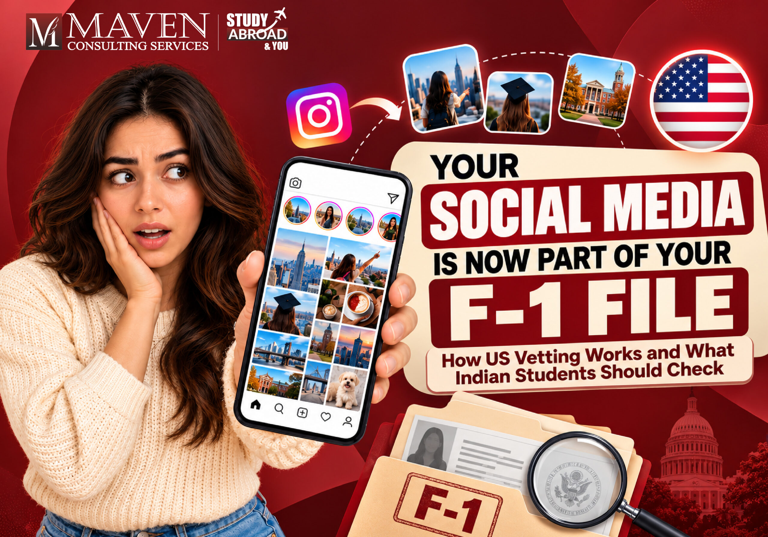 US student visa social media vetting: Indian student checking Instagram before F-1 visa interview
